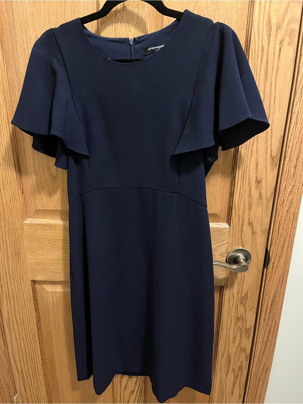Sharagano Navy Midi Dress with Ruffle/Flutter Sleeves